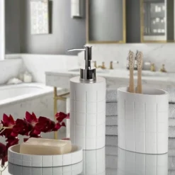 Creative Scents Polar White 3 Pcs Bathroom Set - Features: Soap Dispenser, Toothbrush Holder, And Soap Dish