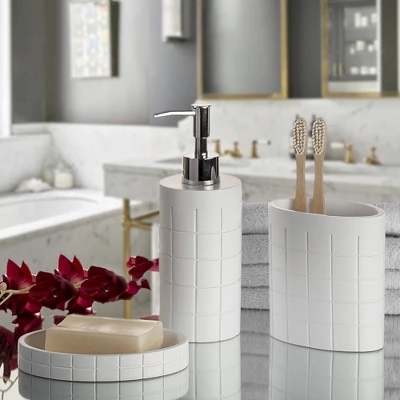 Creative Scents Polar White 3 Pcs Bathroom Set - Features: Soap Dispenser, Toothbrush Holder, And Soap Dish