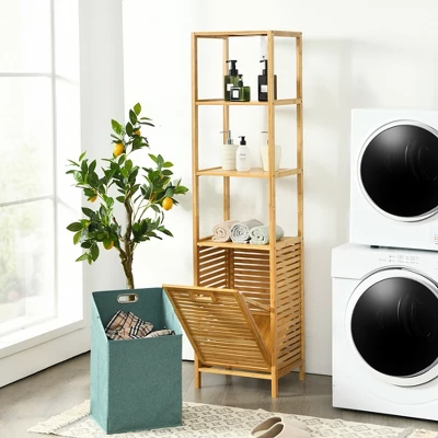 Costway Bathroom Tilt-out Laundry Hamper Bamboo Tower Hamper W/3-Tier Shelves - Image 2