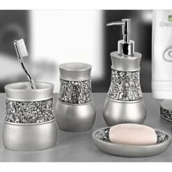 Creative Scents Gray Bathroom Silver Mosaic Glass Accessories Set