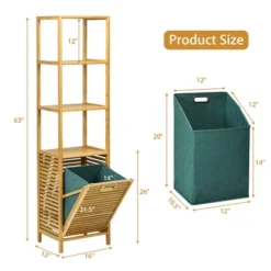 Costway Bathroom Tilt-out Laundry Hamper Bamboo Tower Hamper W/3-Tier Shelves