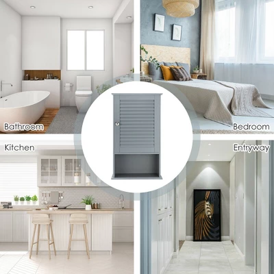 Costway Bathroom Wall Mount Storage Cabinet Single Door W/Height Adjustable Shelf Grey - Image 6