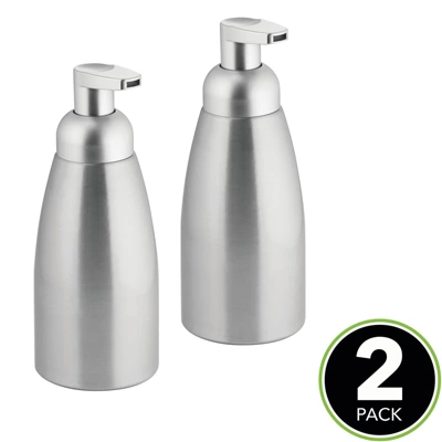 MDesign Aluminum Foaming Soap Dispenser Pump Bottle, 2 Pack - Brushed/Silver