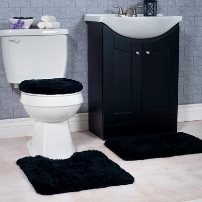 3pc Solid Super Plush Non-Slip Bath Rug Set Black - Yorkshire Home