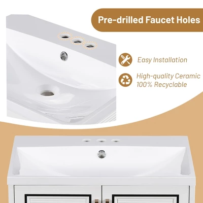 24" Wall Mounted Bathroom Vanity With Porcelain Sink And Two Shuttered Doors, White - ModernLuxe - Image 8