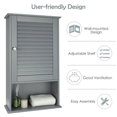 Costway Bathroom Wall Mount Storage Cabinet Single Door W/Height Adjustable Shelf Grey - Image 5