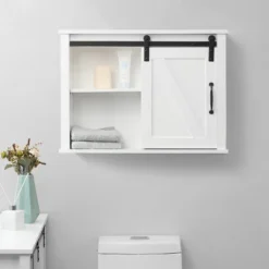 LuxenHome Farmhouse White MDF Bathroom Wall Cabinet