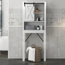 Costway Over The Toilet Bathroom Storage Cabinet With Sliding Barn Door & Adjustable Shelf