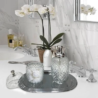 Set Of 3 Emory Glass & Chrome Soap Pump & Q-tip Jar Set With Vanity Tray Metallic Silver - Nu Steel