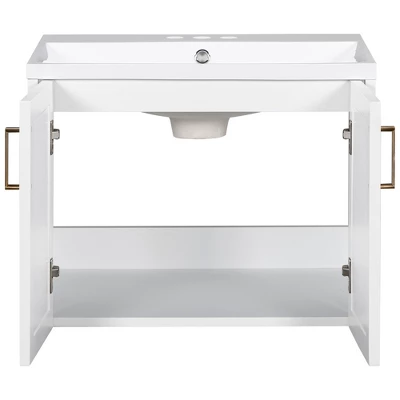 24" Wall Mounted Bathroom Vanity With Porcelain Sink And Two Shuttered Doors, White - ModernLuxe - Image 6
