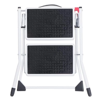 Delxo Portable Collapsible Lightweight Alloy Steel 2-Step Mini Stool Stepladder With Anti-Slip Carry Handgrip And Wide Pedal, White - Image 3