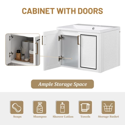 24" Wall Mounted Bathroom Vanity With Porcelain Sink And Two Shuttered Doors, White - ModernLuxe - Image 7