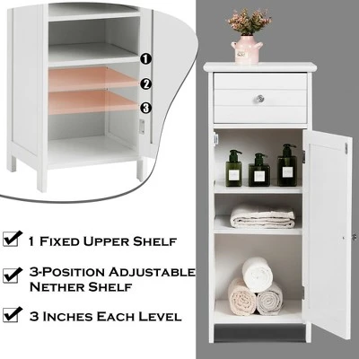 Costway Wooden Bathroom Floor Storage Cabinet Organizer With Drawer And Adjustable Shelf - Image 6