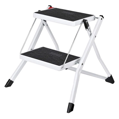 Delxo Portable Collapsible Lightweight Alloy Steel 2-Step Mini Stool Stepladder With Anti-Slip Carry Handgrip And Wide Pedal, White - Image 2