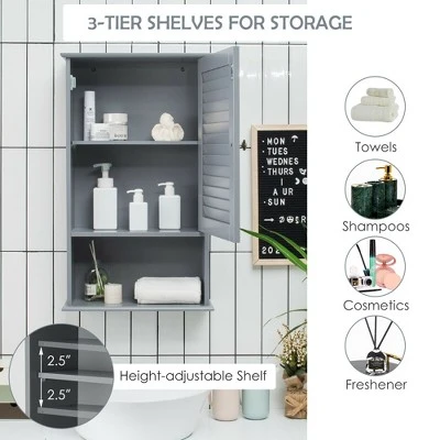Costway Bathroom Wall Mount Storage Cabinet Single Door W/Height Adjustable Shelf Grey - Image 4