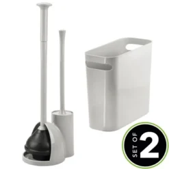 MDesign 3 Piece Plastic Bathroom Set, Bowl Brush/Plunger And Trash Can