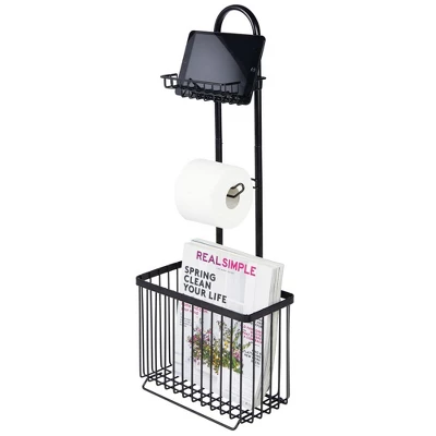 MDesign Metal Free Standing Toilet Paper Stand/Dispenser, Holds Tablet - Image 7