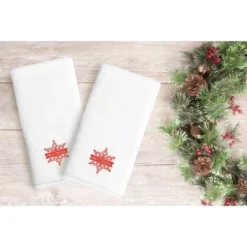 2pk Merry Christmas Red Snowflake Holiday Hand Towel Set White - Linum Home Textiles