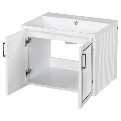 24" Wall Mounted Bathroom Vanity With Porcelain Sink And Two Shuttered Doors, White - ModernLuxe - Image 5