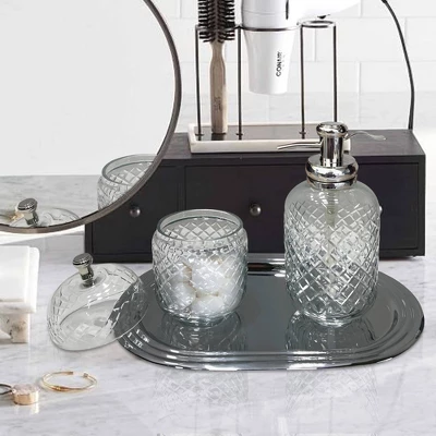 Set Of 3 Emory Glass & Chrome Soap Pump & Q-tip Jar Set With Vanity Tray Metallic Silver - Nu Steel - Image 3