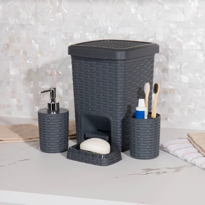 Square Premium Wicker Look Wastepaper Basket And Toilet Brush Set Gray - Mind Reader