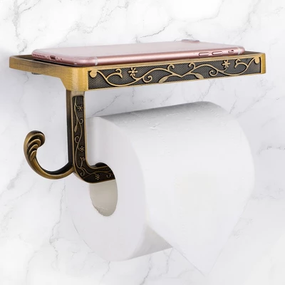 Unique Bargains Wall Mounted With Phone Shelf Waterproof Fixed Toilet Paper Holders Copper Tone 1 Pc - Image 2