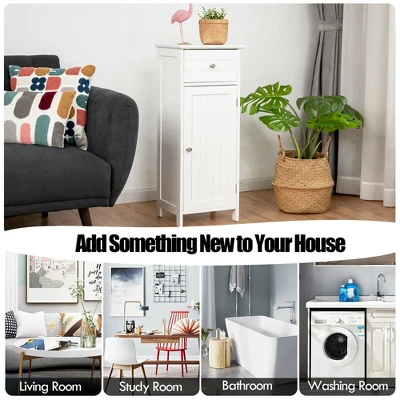 Costway Wooden Bathroom Floor Storage Cabinet Organizer With Drawer And Adjustable Shelf - Image 5