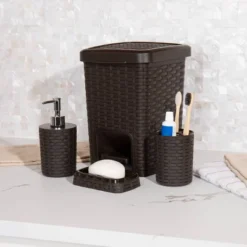 Square Premium Wicker Look Wastepaper Basket And Toilet Brush Set Brown - Mind Reader