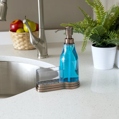 Home Basics Plastic Soap Dispenser With Brushed Steel Top And Fixed Sponge Holder - Image 3