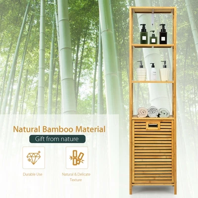 Costway Bathroom Tilt-out Laundry Hamper Bamboo Tower Hamper W/3-Tier Shelves - Image 5