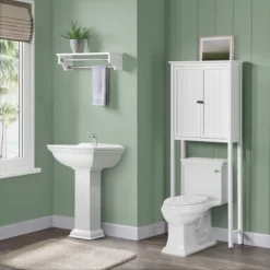 Dover Over The Toilet Hutch Bathroom Shelf With Two Doors And Two Towel Rods White - Alaterre Furniture