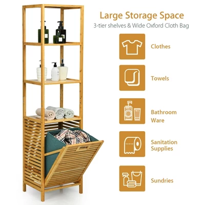 Costway Bathroom Tilt-out Laundry Hamper Bamboo Tower Hamper W/3-Tier Shelves - Image 4
