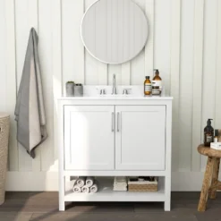 Merrick Lane Bathroom Vanity With Ceramic Sink, Carrara Marble Finish Countertop, Storage Cabinet With Soft Close Doors And Open Shelf