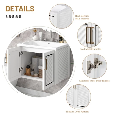 24" Wall Mounted Bathroom Vanity With Porcelain Sink And Two Shuttered Doors, White - ModernLuxe - Image 9