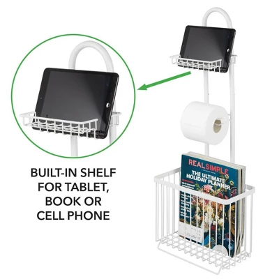 MDesign Metal Free Standing Toilet Paper Stand/Dispenser, Holds Tablet - Image 2